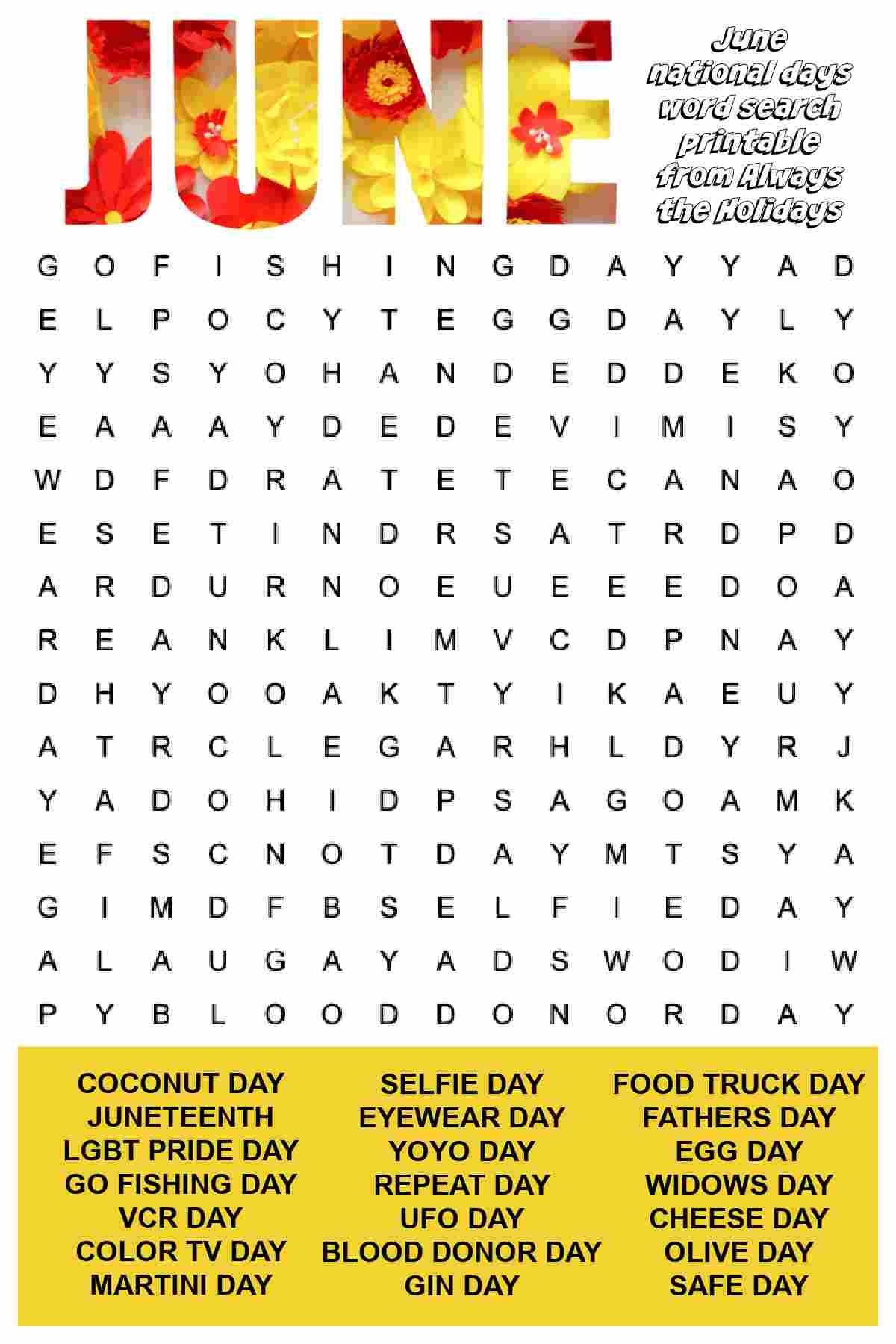 June Word Search Printable National Days Word Find Puzzle June Word Search Printable National Days Word Find Puzzle
