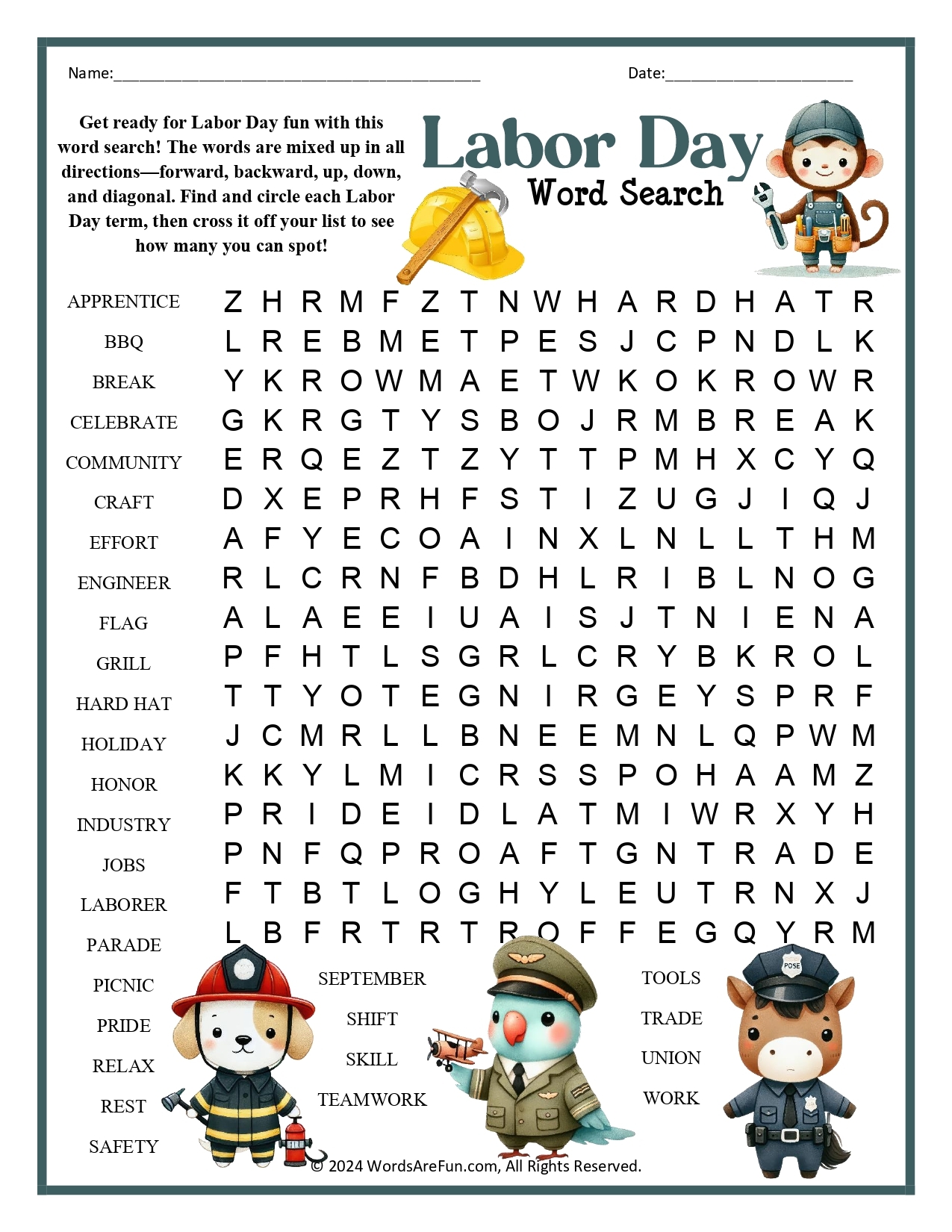 Labor Day Word Search Labor Day Word Search