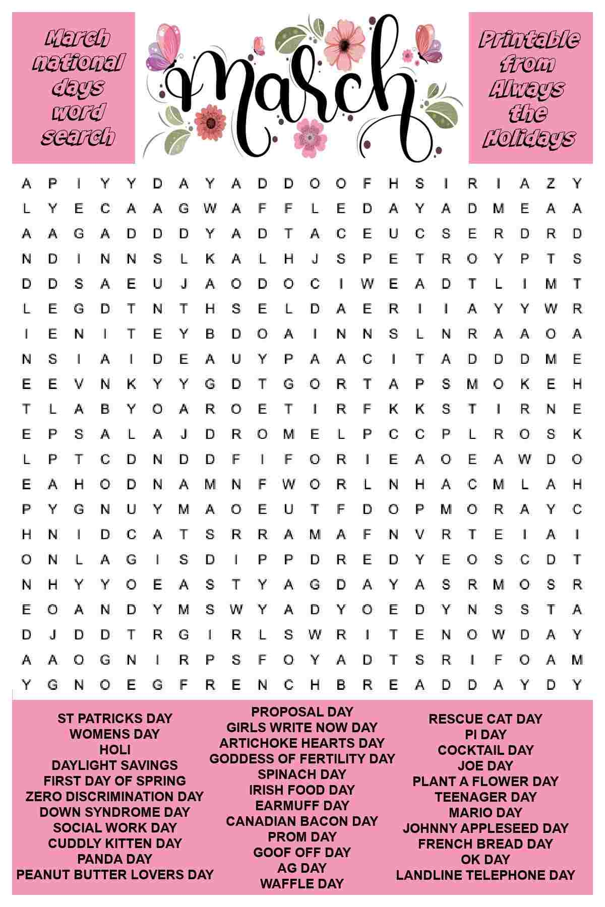 March Word Search Printable National Days Word Find Puzzles