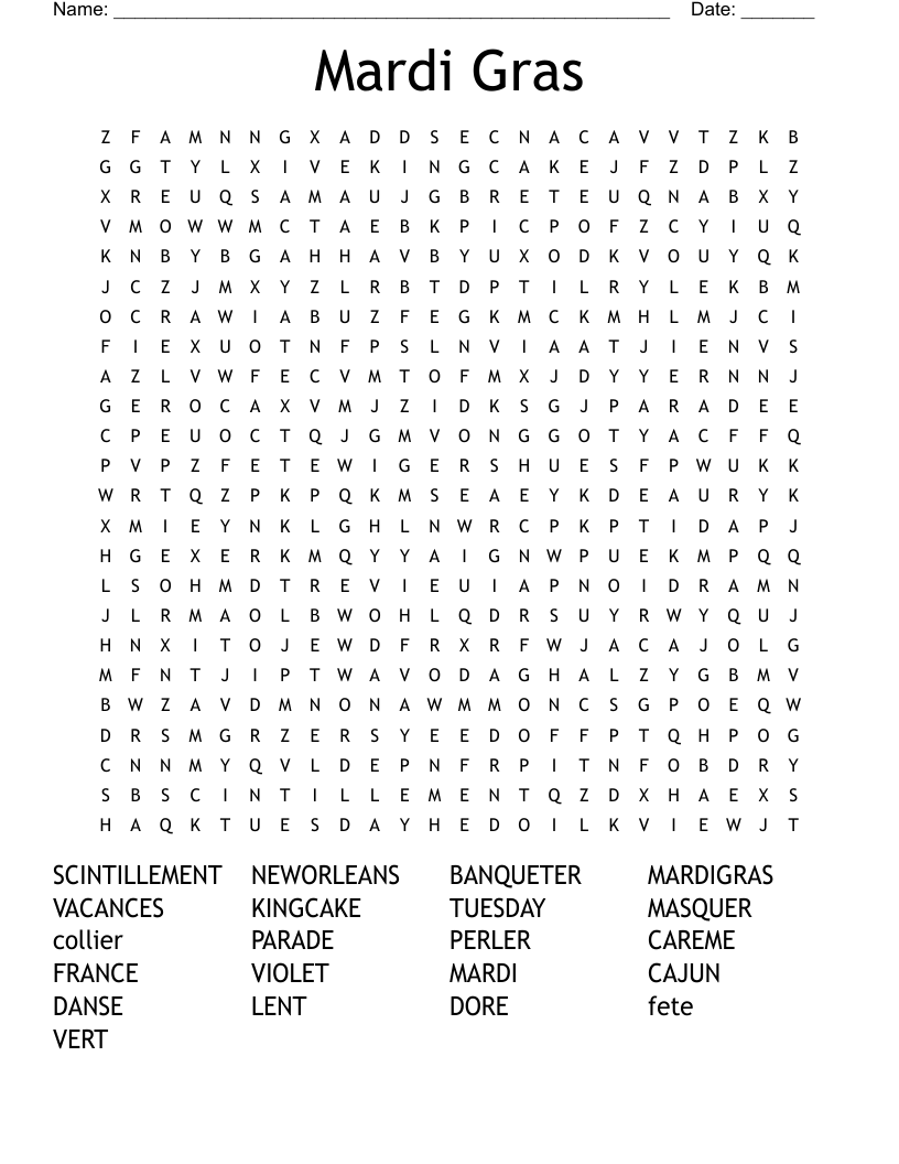 Mardi Gras Word Search WordMint