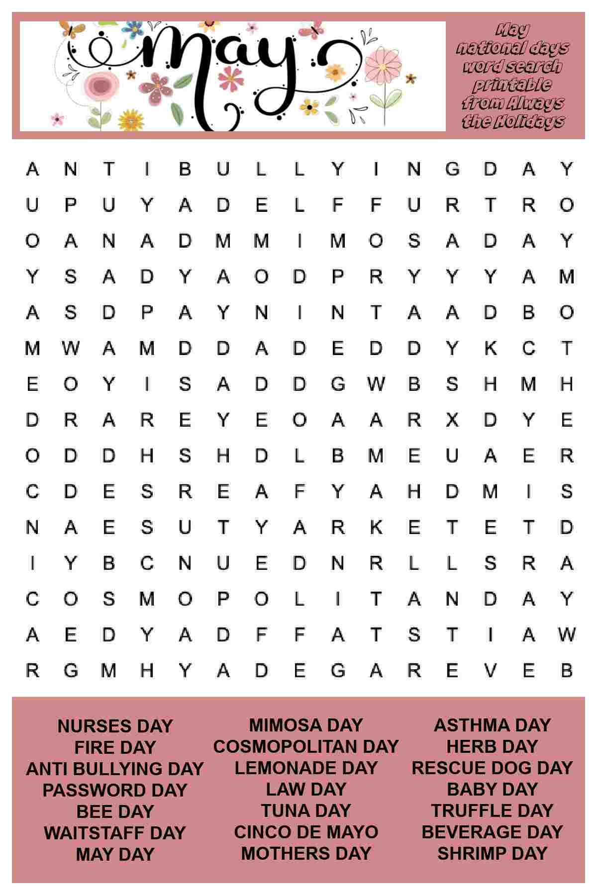 May Word Search Printable National Days Word Find Puzzle May Word Search Printable National Days Word Find Puzzle