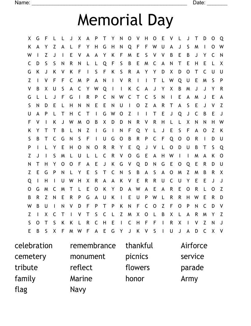 Memorial Day Word Search WordMint