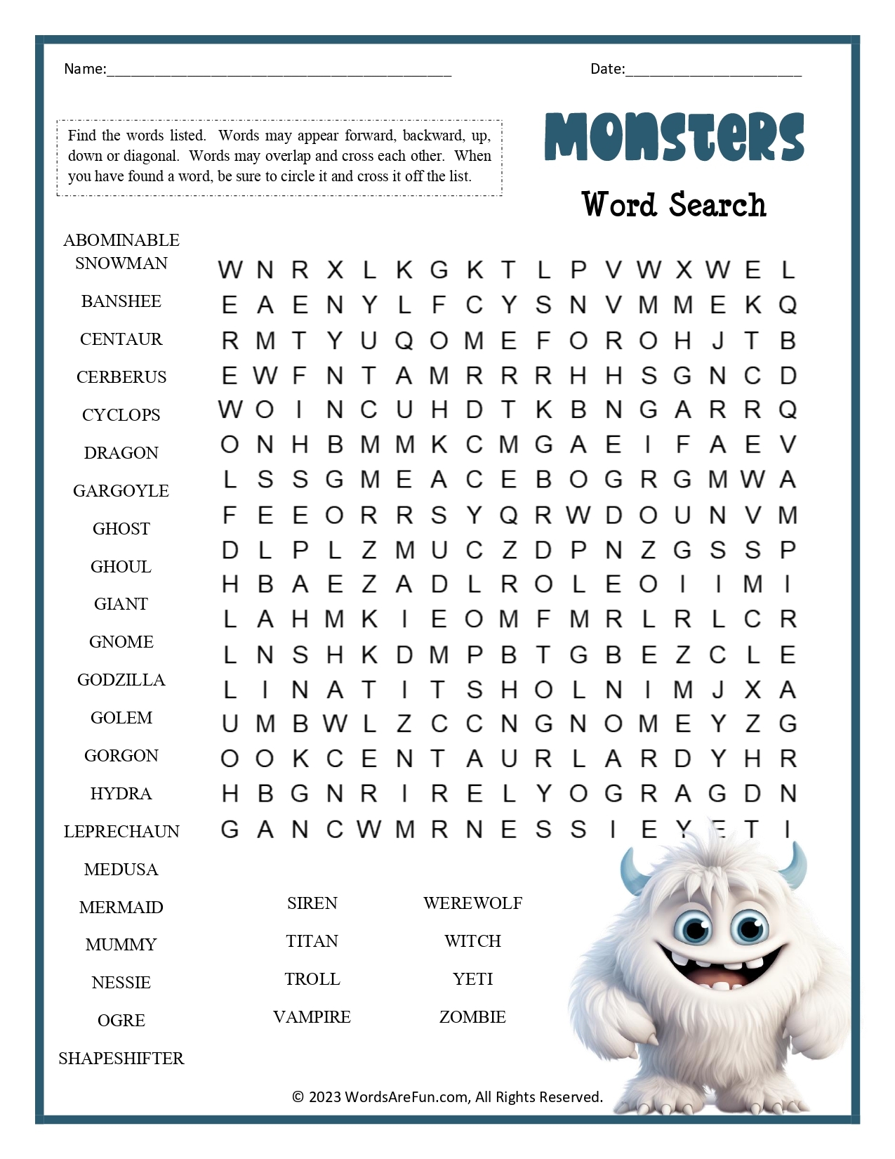 Monsters Word Search Monsters Word Search