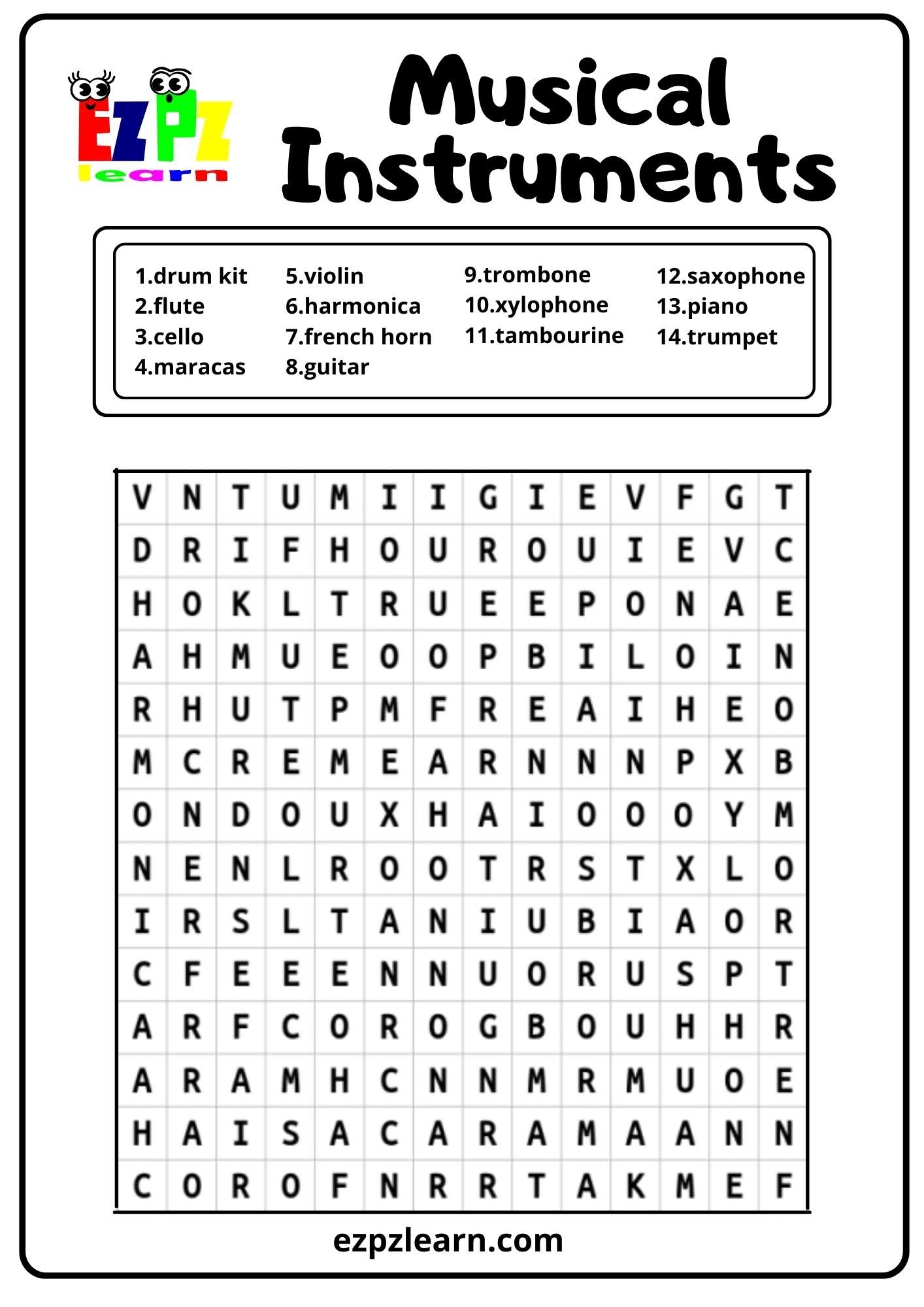 Musical Instruments Word Search Ezpzlearn Musical Instruments Word Search Ezpzlearn
