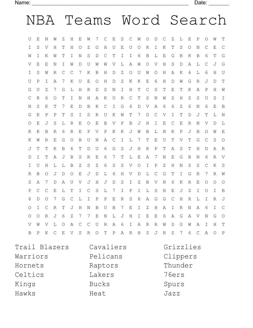 NBA Teams Word Search WordMint