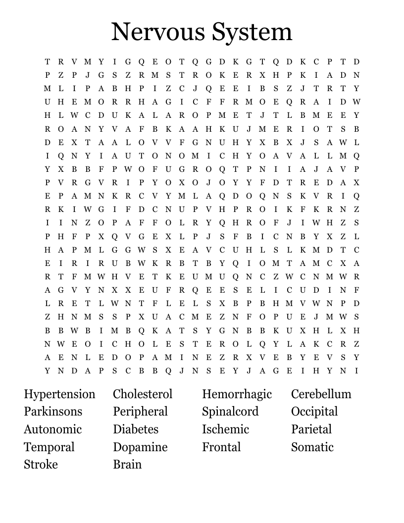 Nervous System Word Search WordMint Nervous System Word Search WordMint