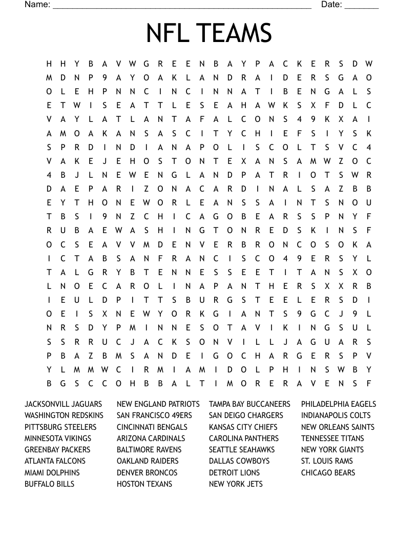 NFL TEAMS Word Search WordMint NFL TEAMS Word Search WordMint