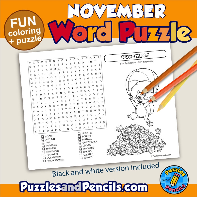 November Word Search For Kids Printable