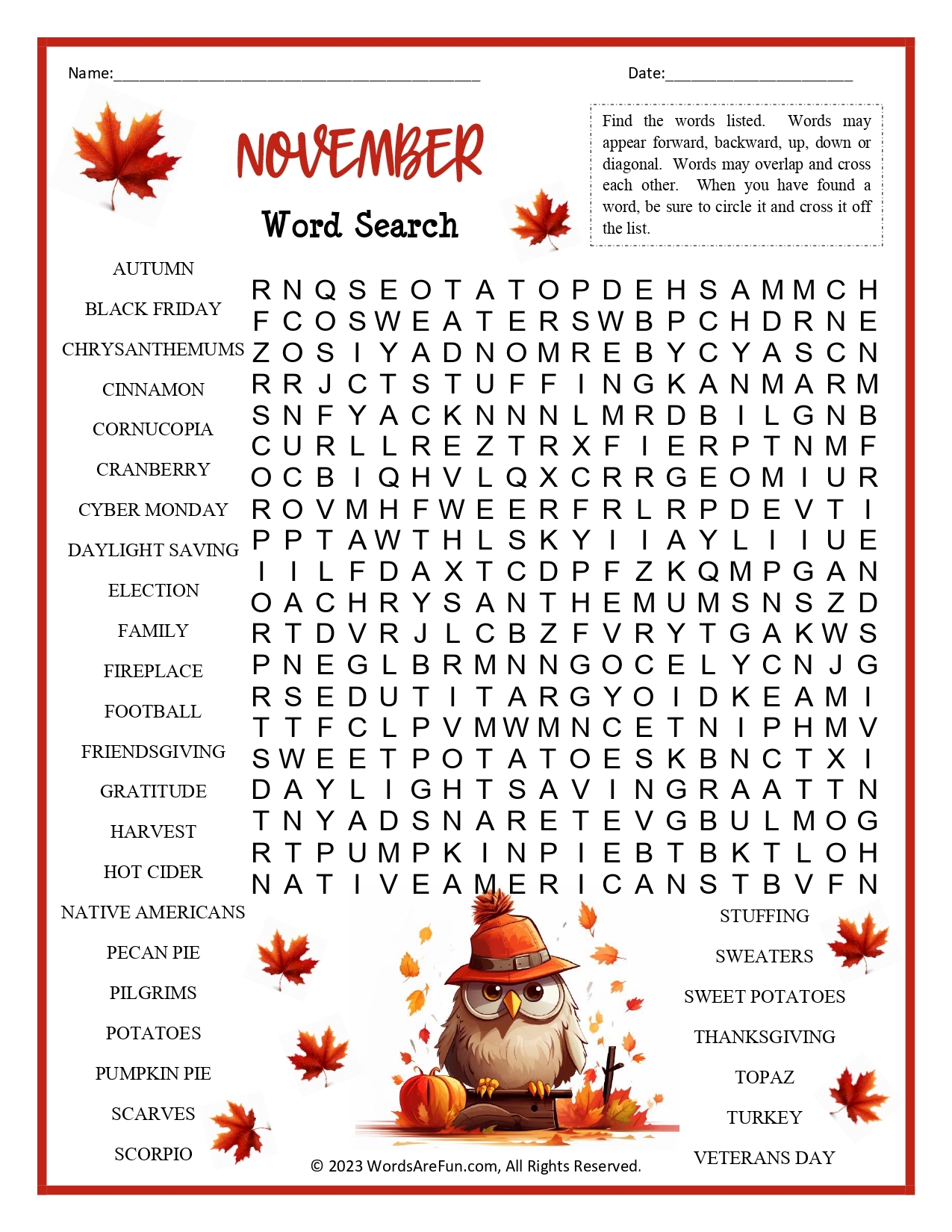 November Word Search November Word Search