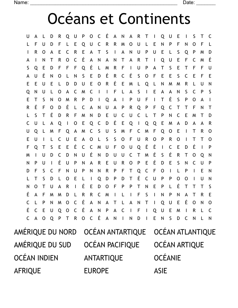 Oc ans Et Continents Word Search WordMint Oc ans Et Continents Word Search WordMint