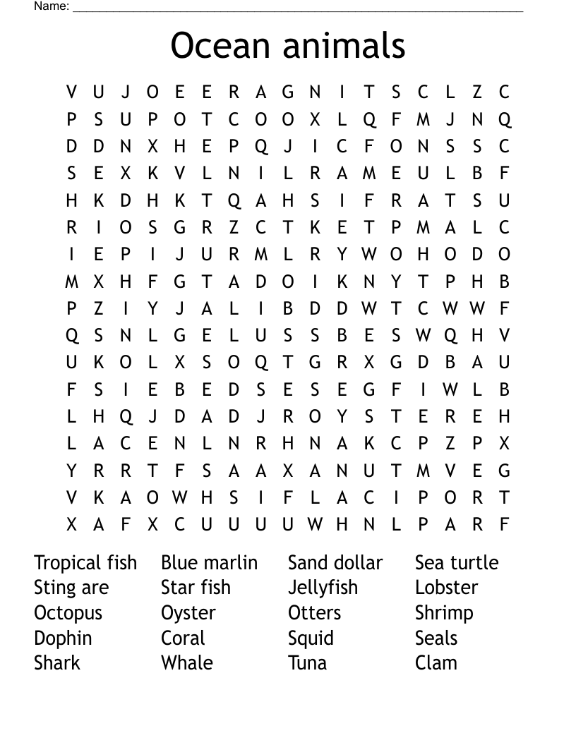 Ocean Animals Word Search WordMint Ocean Animals Word Search WordMint