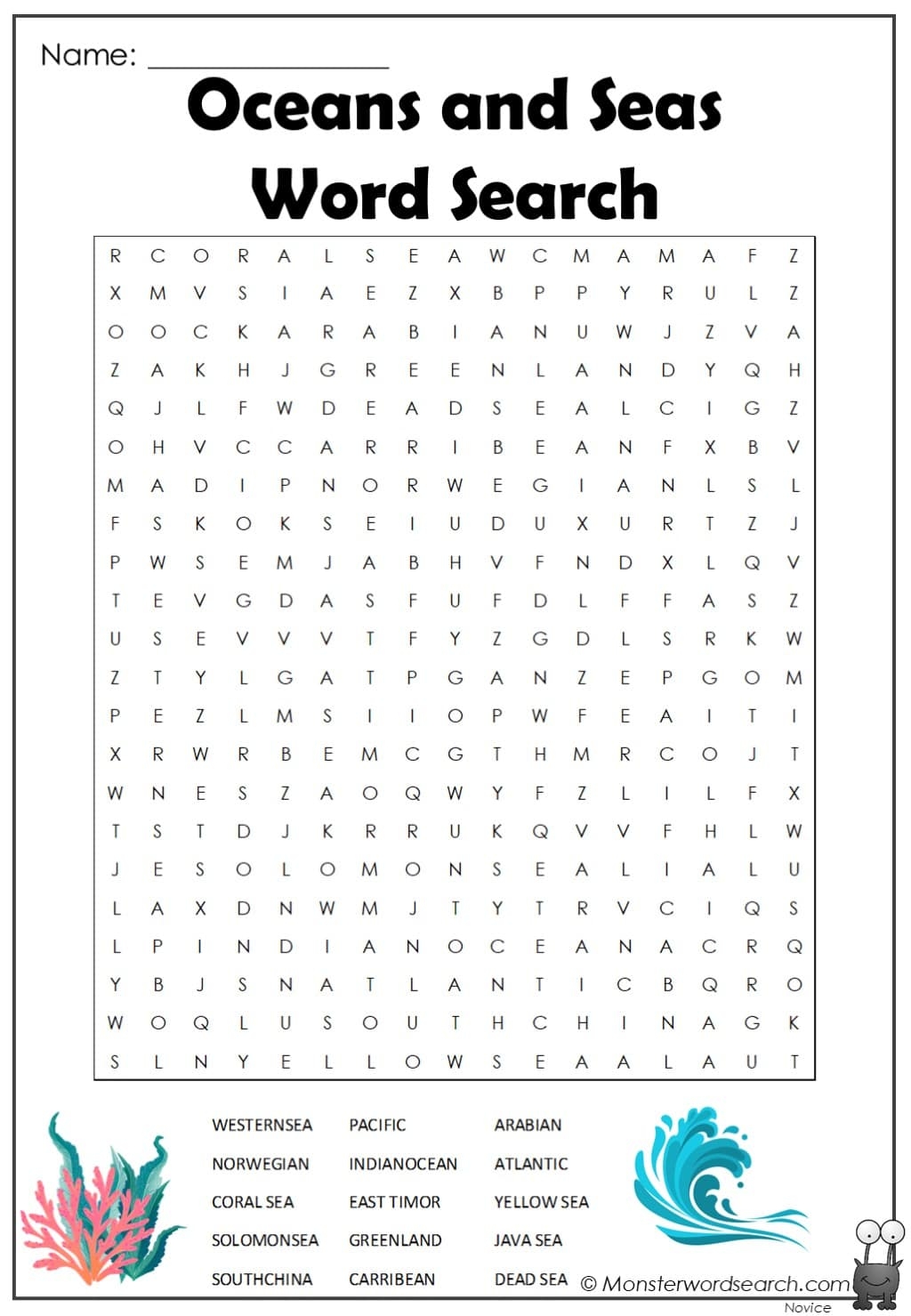 Oceans And Seas Word Search Monster Word Search Oceans And Seas Word Search Monster Word Search
