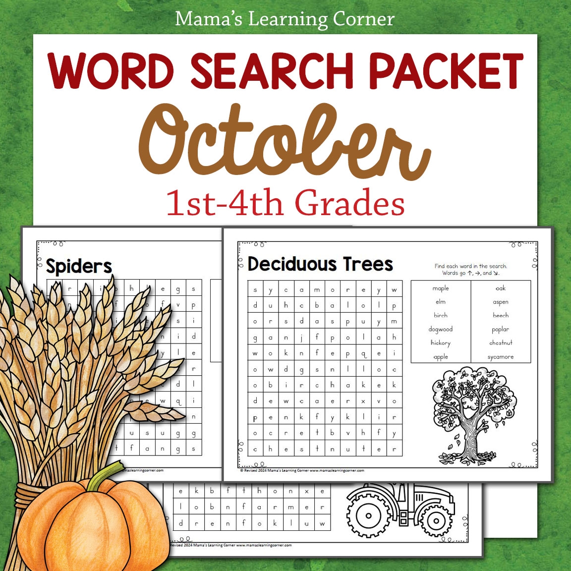 October Word Search Packet Fall Harvest Owls Spiders
