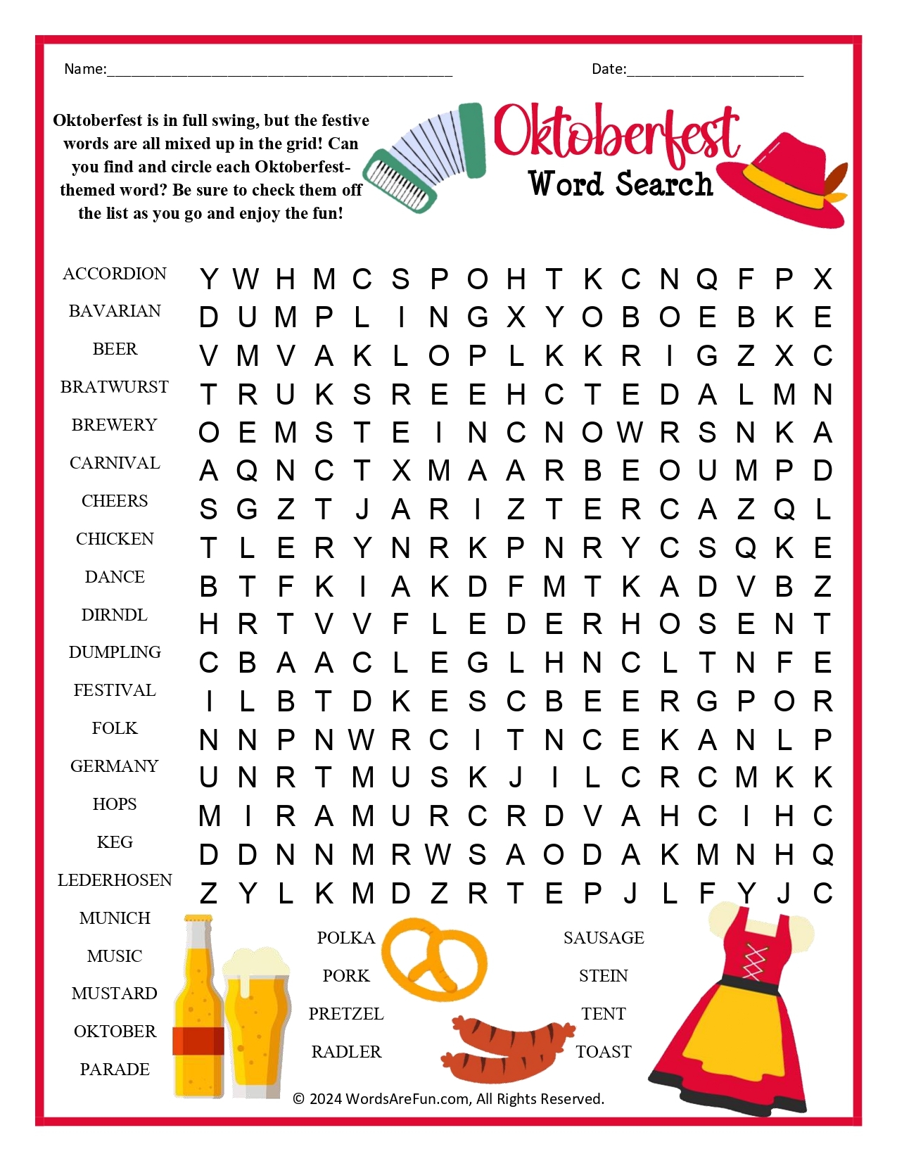 Oktoberfest Word Search Oktoberfest Word Search