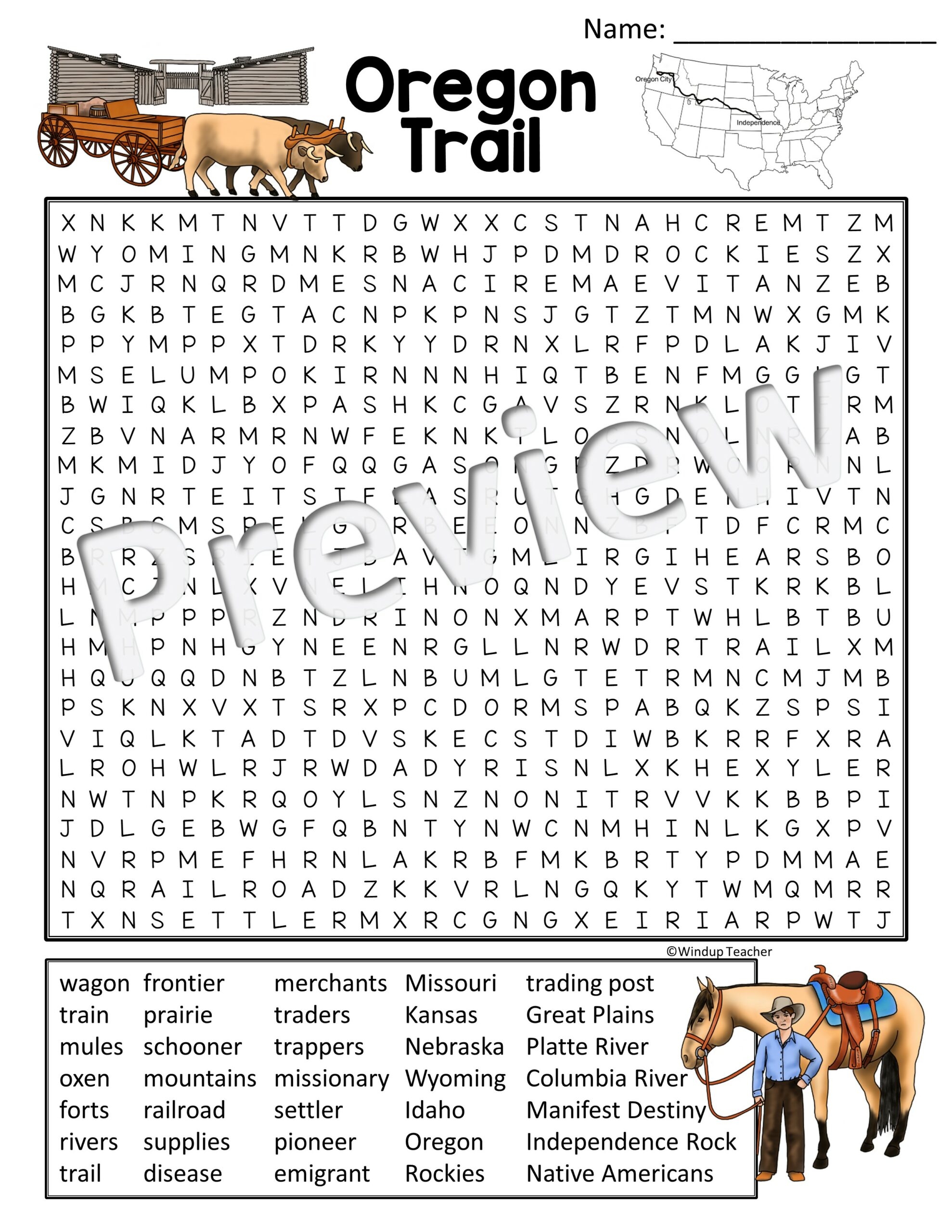 Oregon Trail Word Search Activity Printable Hard For Grades 5 To Adult Classful