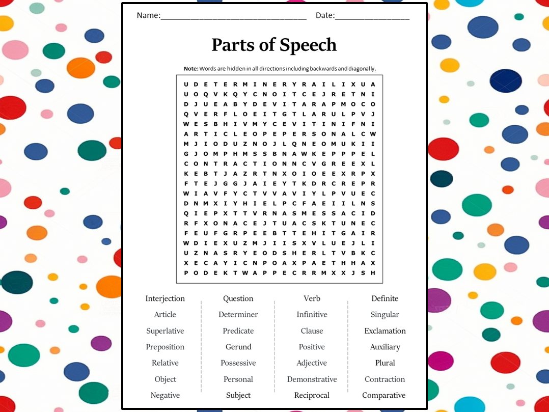 Parts Of Speech Word Search Puzzle Worksheet Activity Teaching Resources