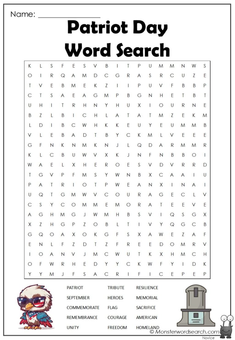 Patriot Day Word Search Monster Word Search