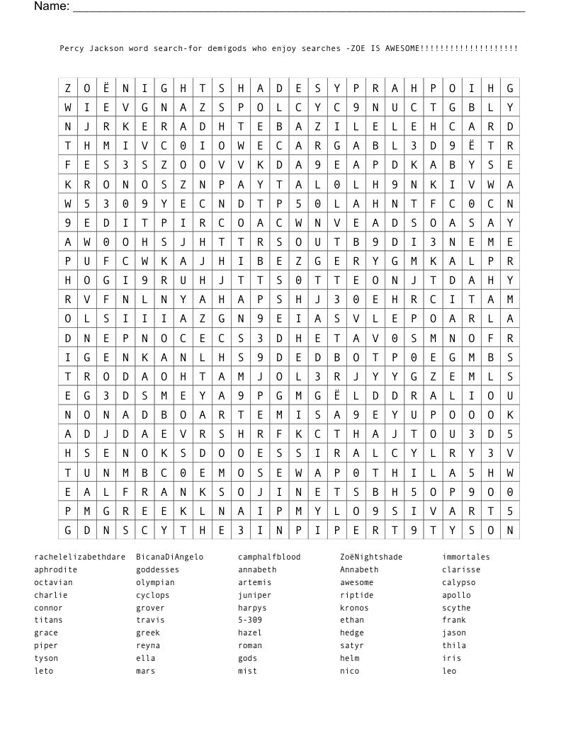 Percy Jackson Word Search Printable Percy Jackson Word Search Printable