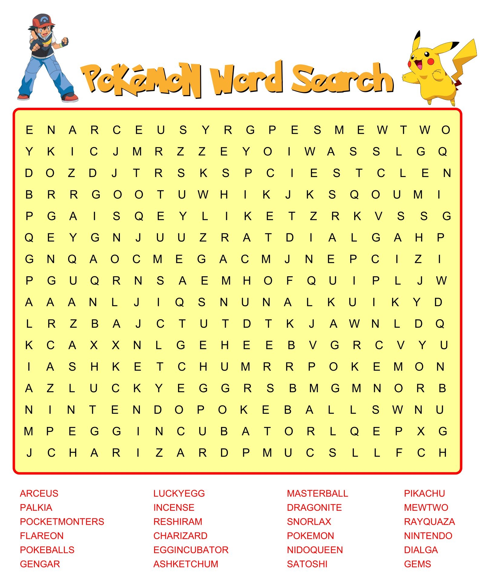 Printable Pokemon Word Search Printable Pokemon Word Search