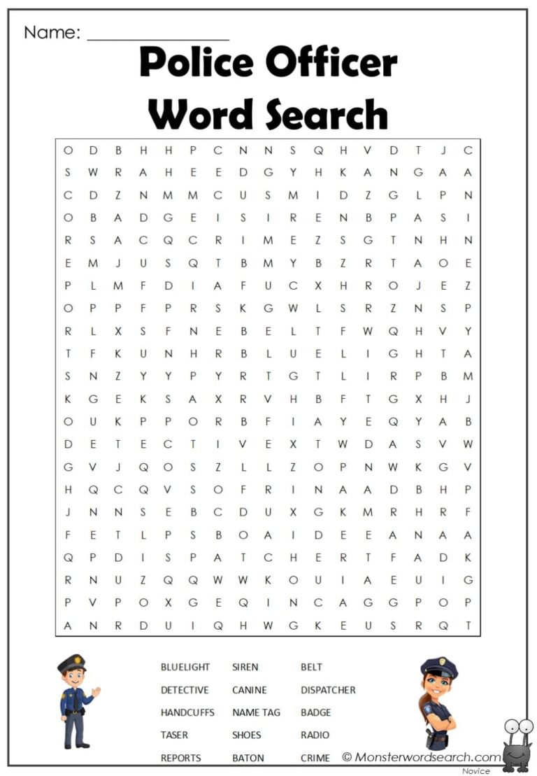 Police Officer Word Search Monster Word Search