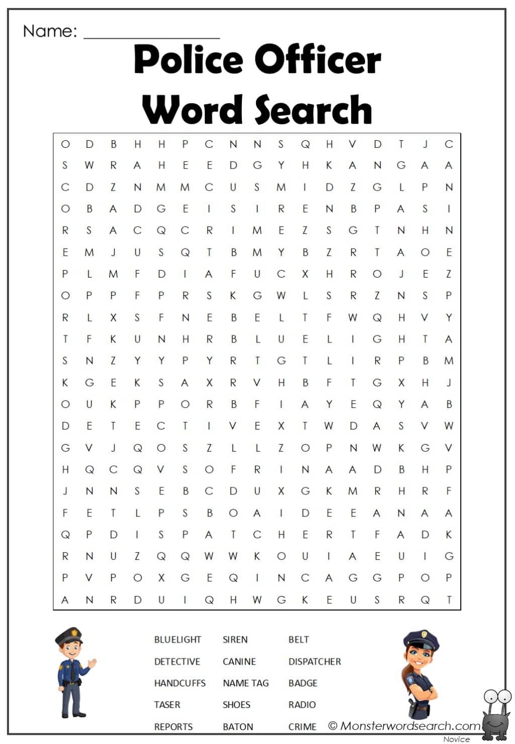 Police Officer Word Search Monster Word Search Police Officer Word Search Monster Word Search