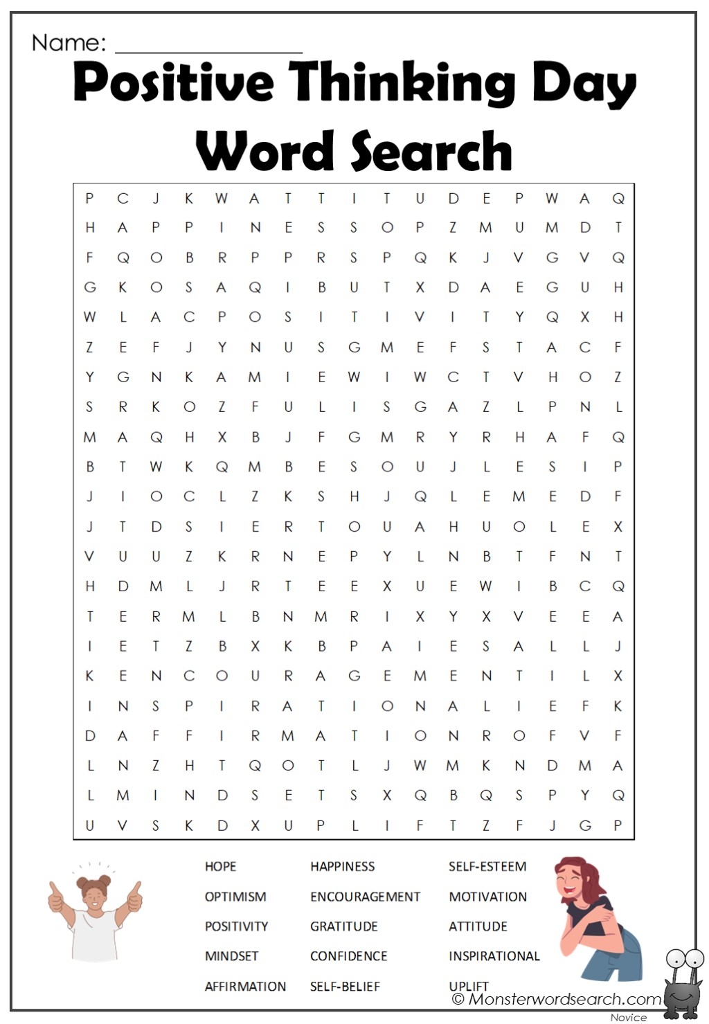 Positive Thinking Day Word Search Monster Word Search Positive Thinking Day Word Search Monster Word Search