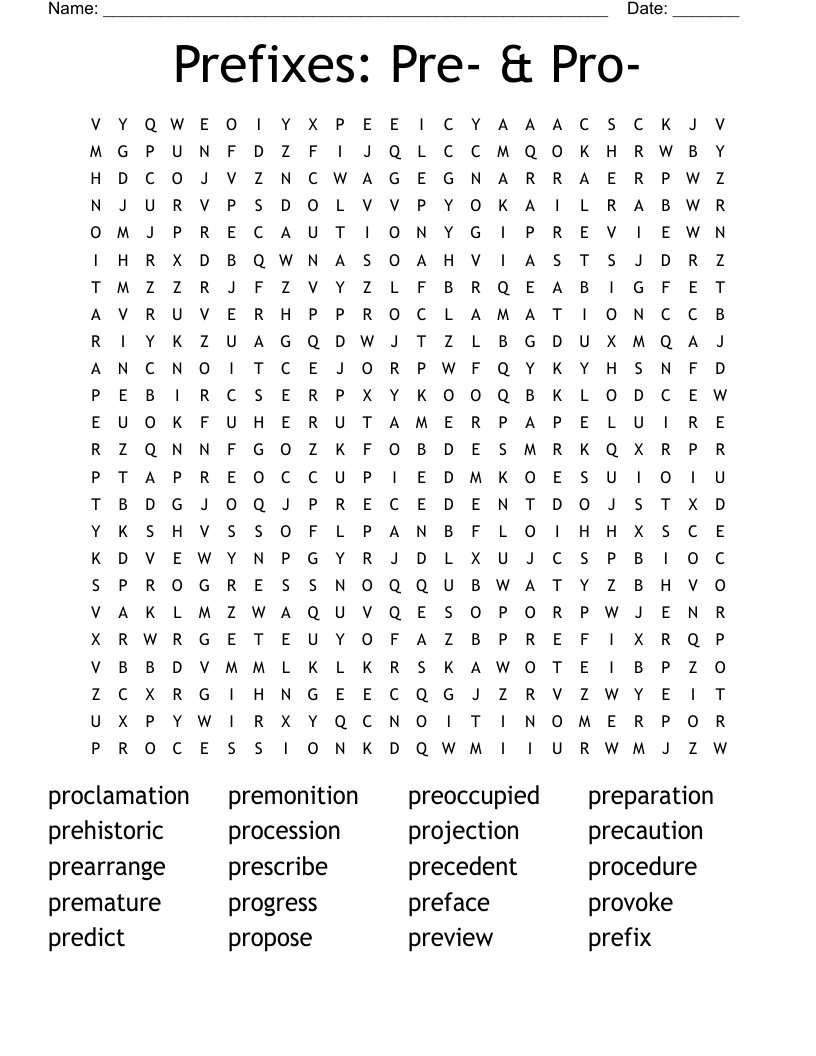 Prefixes Pre U0026 Pro Word Search WordMint