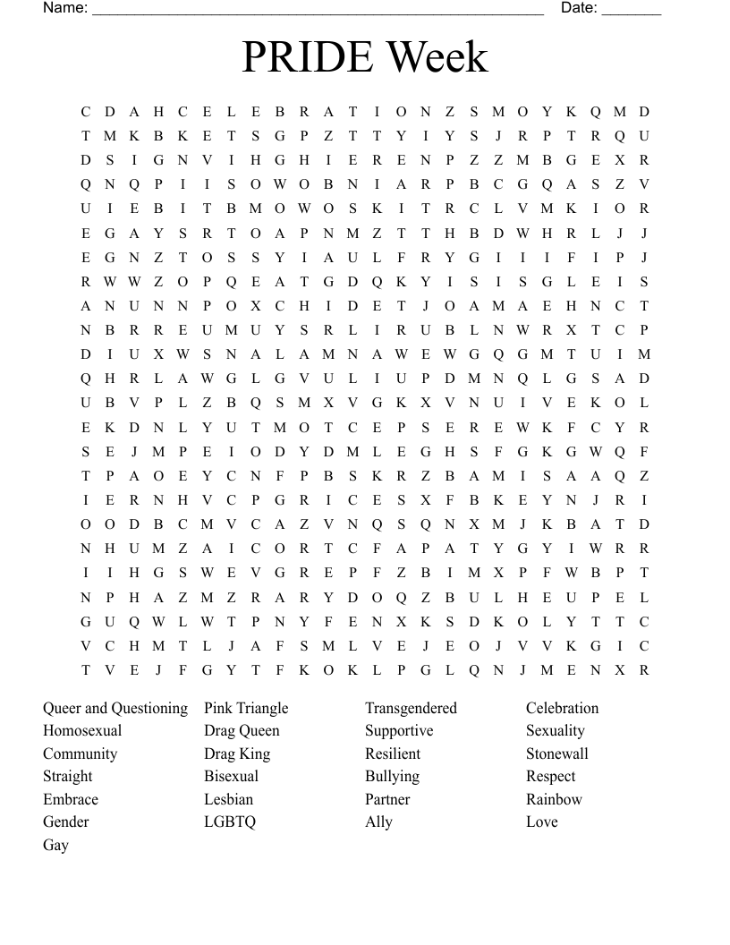 PRIDE Week Word Search WordMint