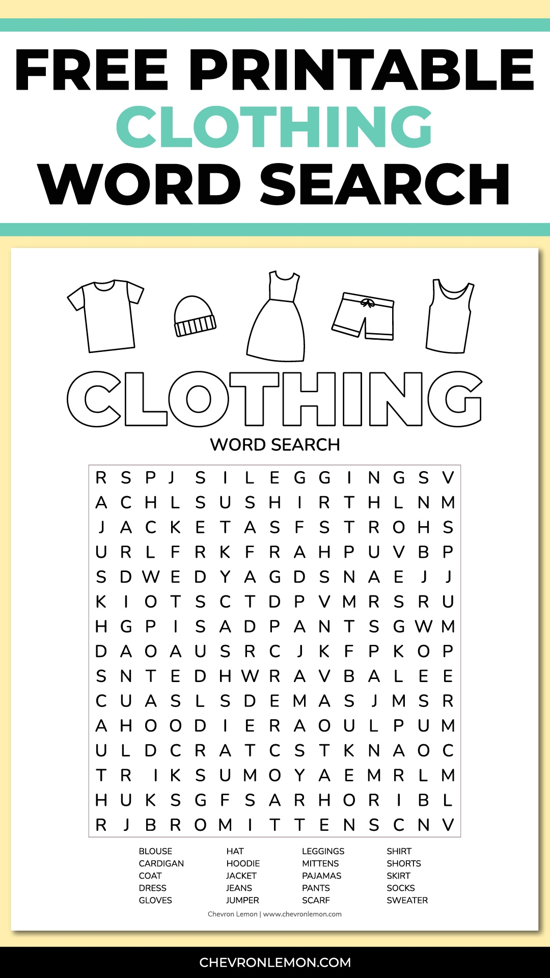 Printable Clothing Word Search Chevron Lemon Printable Clothing Word Search Chevron Lemon