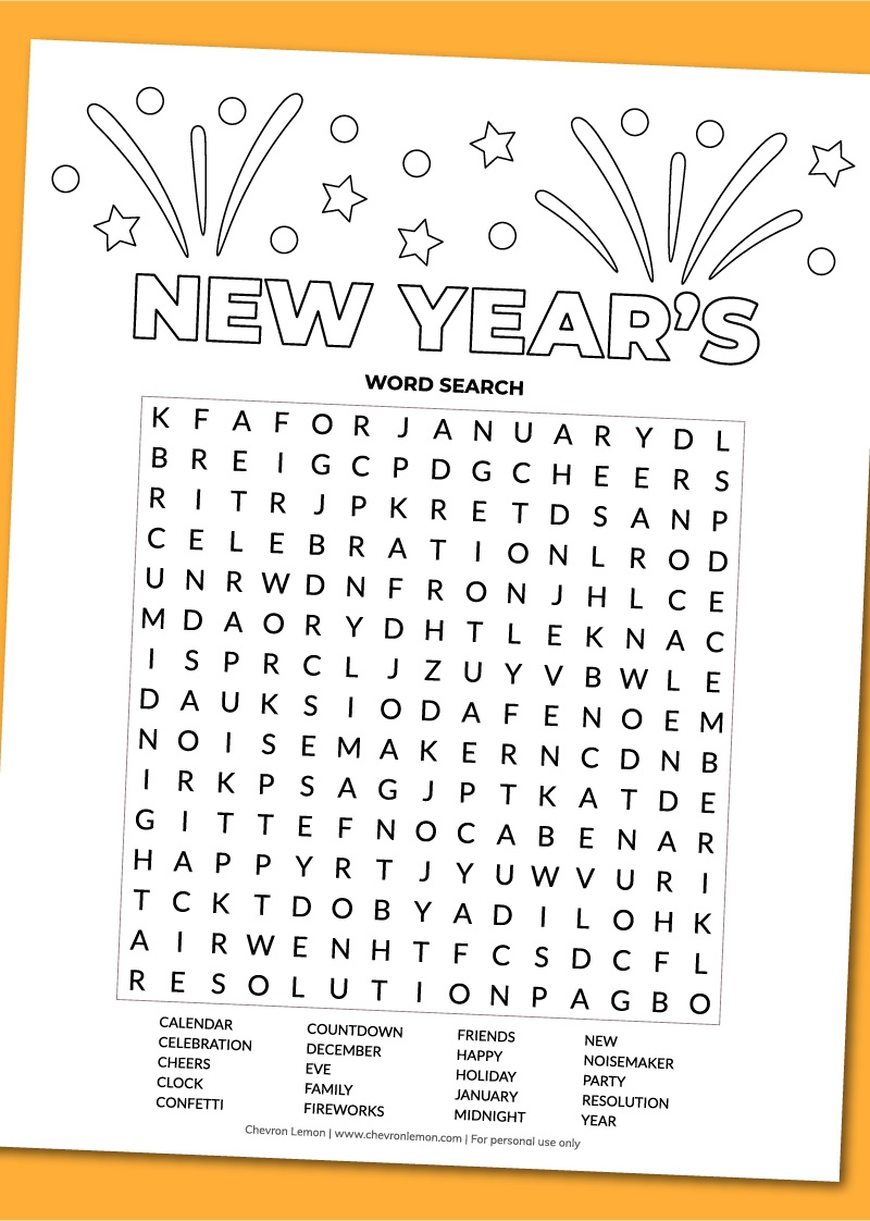 Printable New Year s Word Search Chevron Lemon Printable New Year s Word Search Chevron Lemon