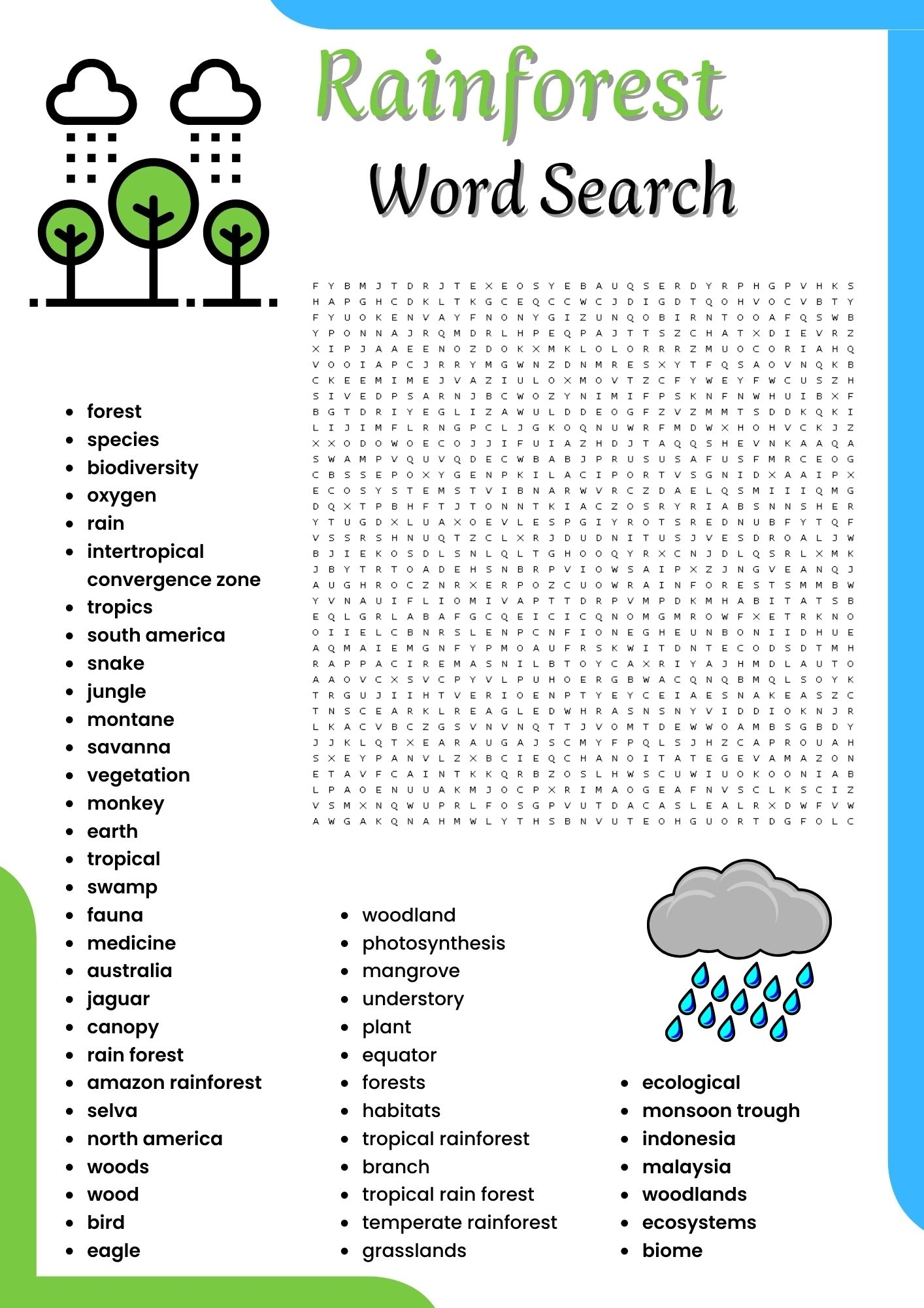 Rainforest Word Search Puzzle Worksheet Activities For Kids Made 