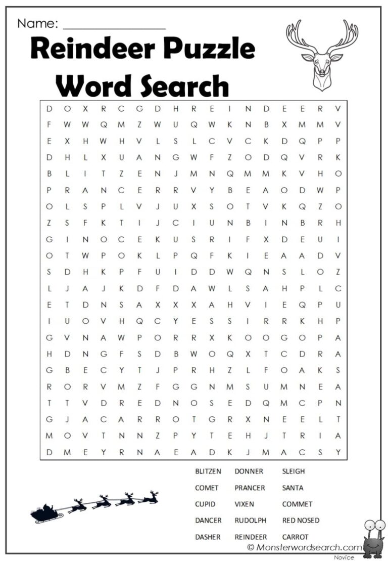 Reindeer Puzzle Word Search Monster Word Search