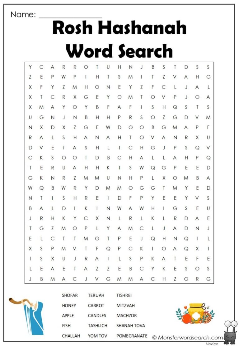 Rosh Hashanah Word Search Monster Word Search