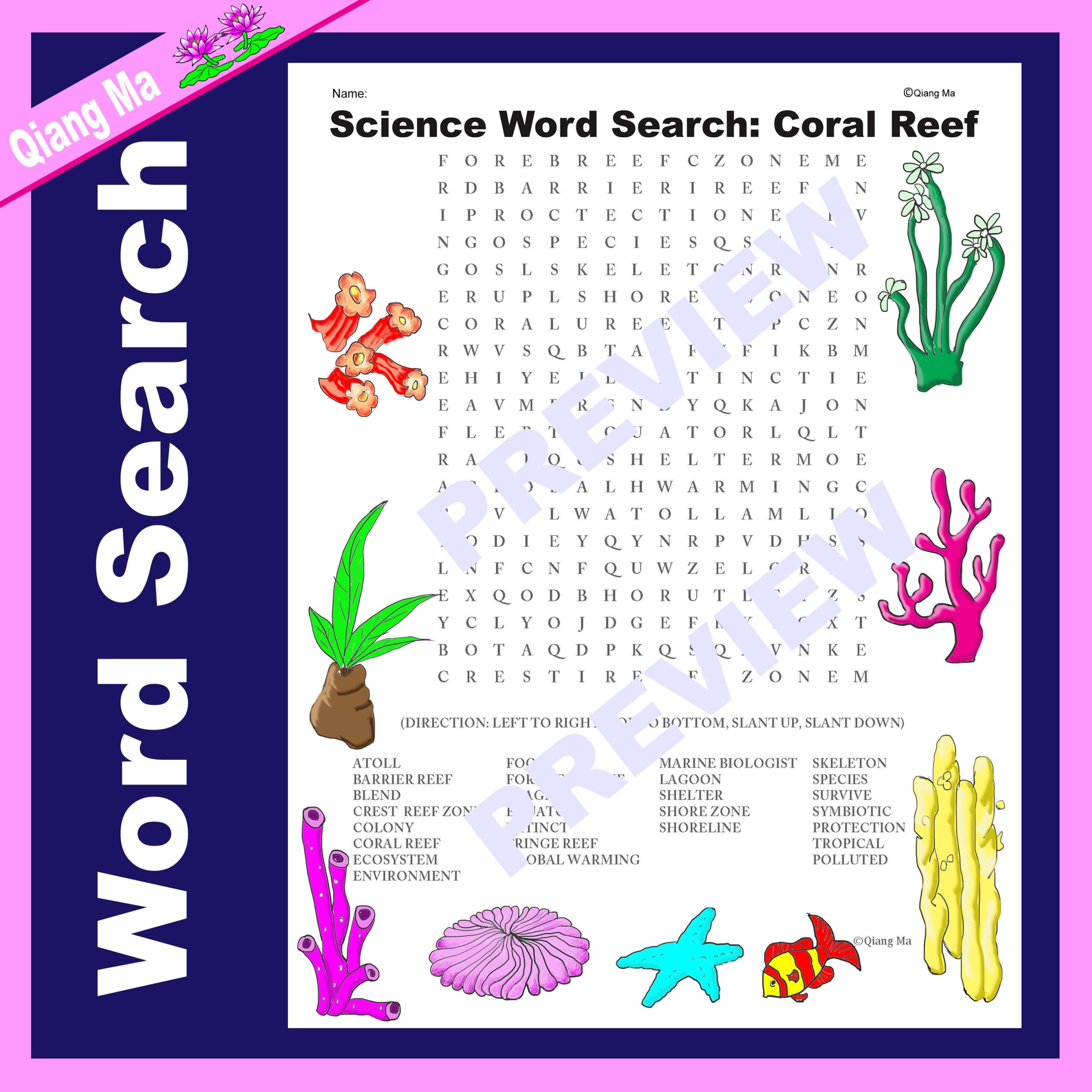 Science Word Search Coral Reef Classful
