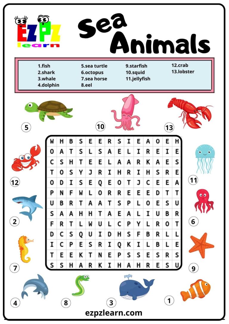 Sea Animals Word Search 2 Ezpzlearn
