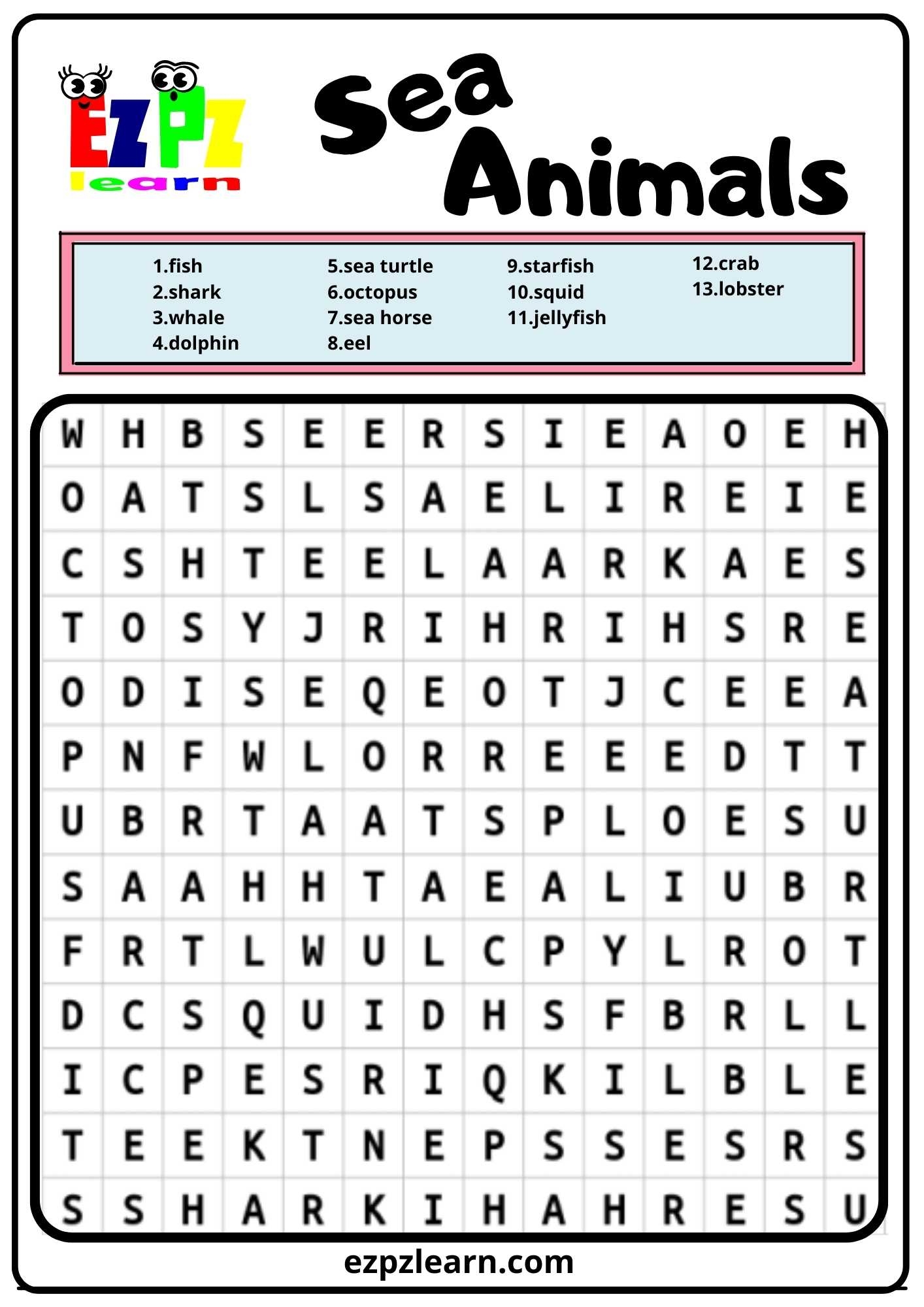 Sea Animals Word Search Ezpzlearn