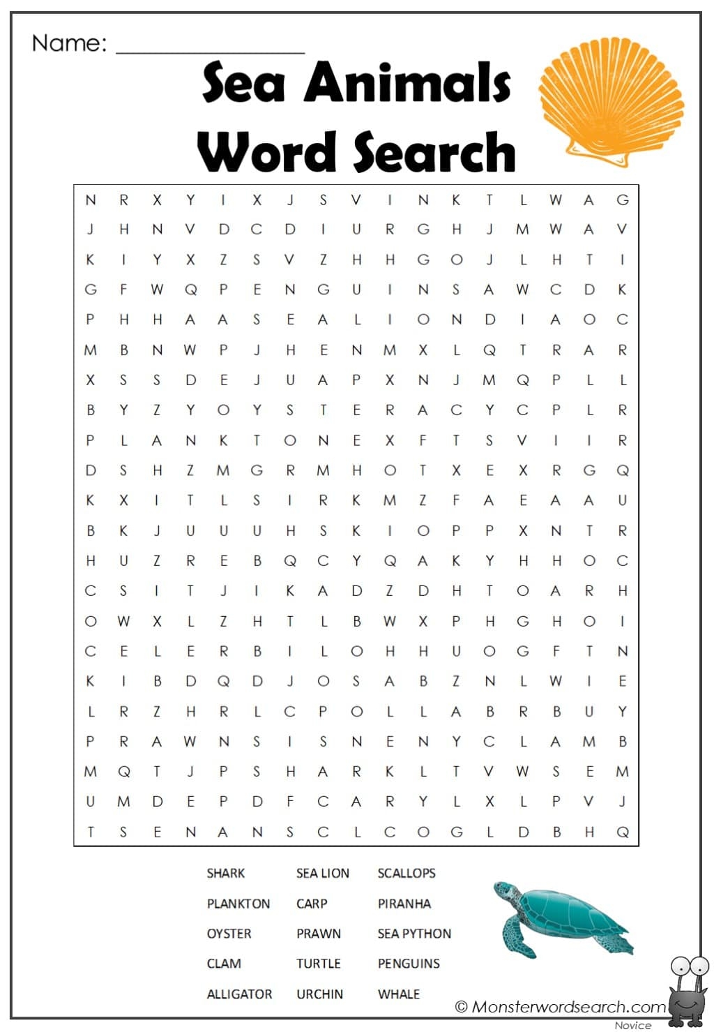 Sea Animals Word Search Monster Word Search Sea Animals Word Search Monster Word Search