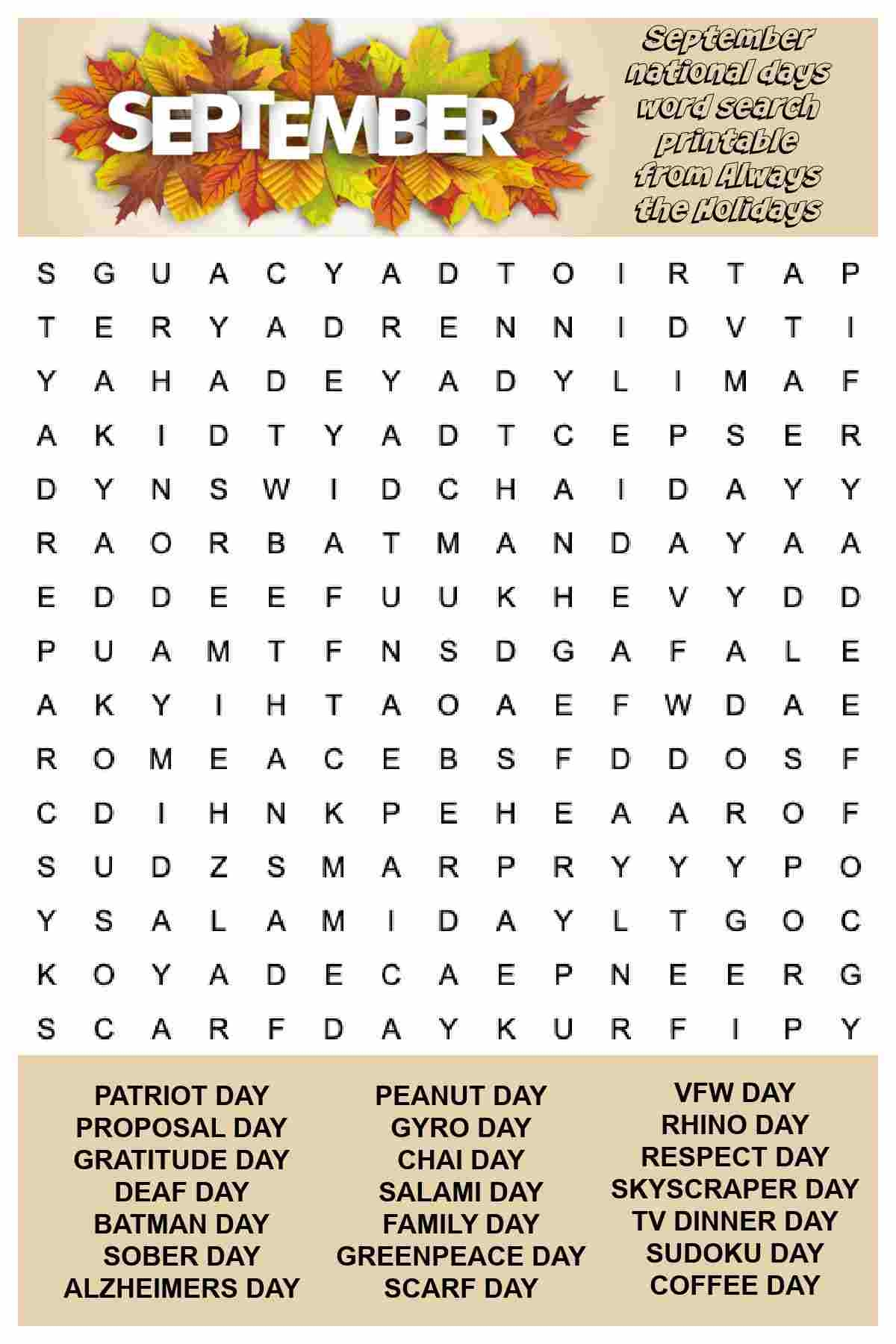 September Word Search Printable Free National Days Word Find September Word Search Printable Free National Days Word Find