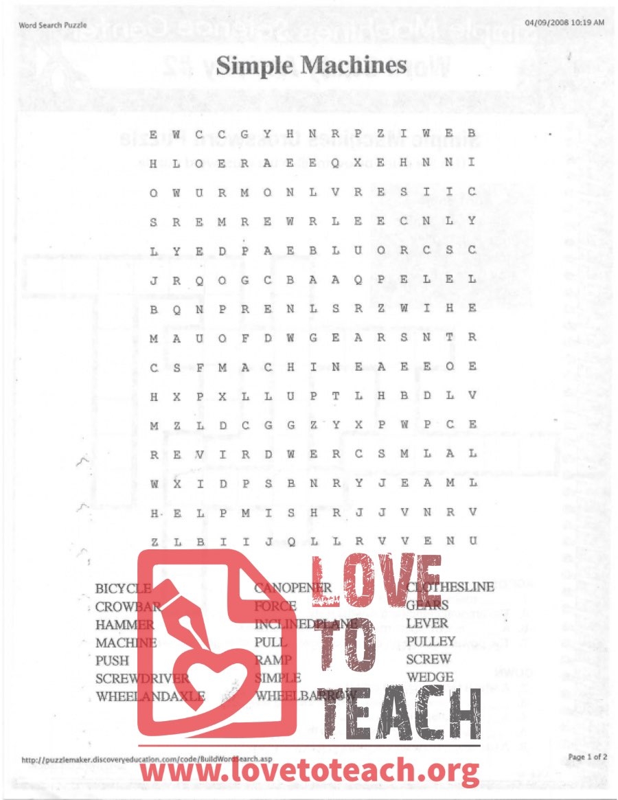 Simple Machines Word Search Printable