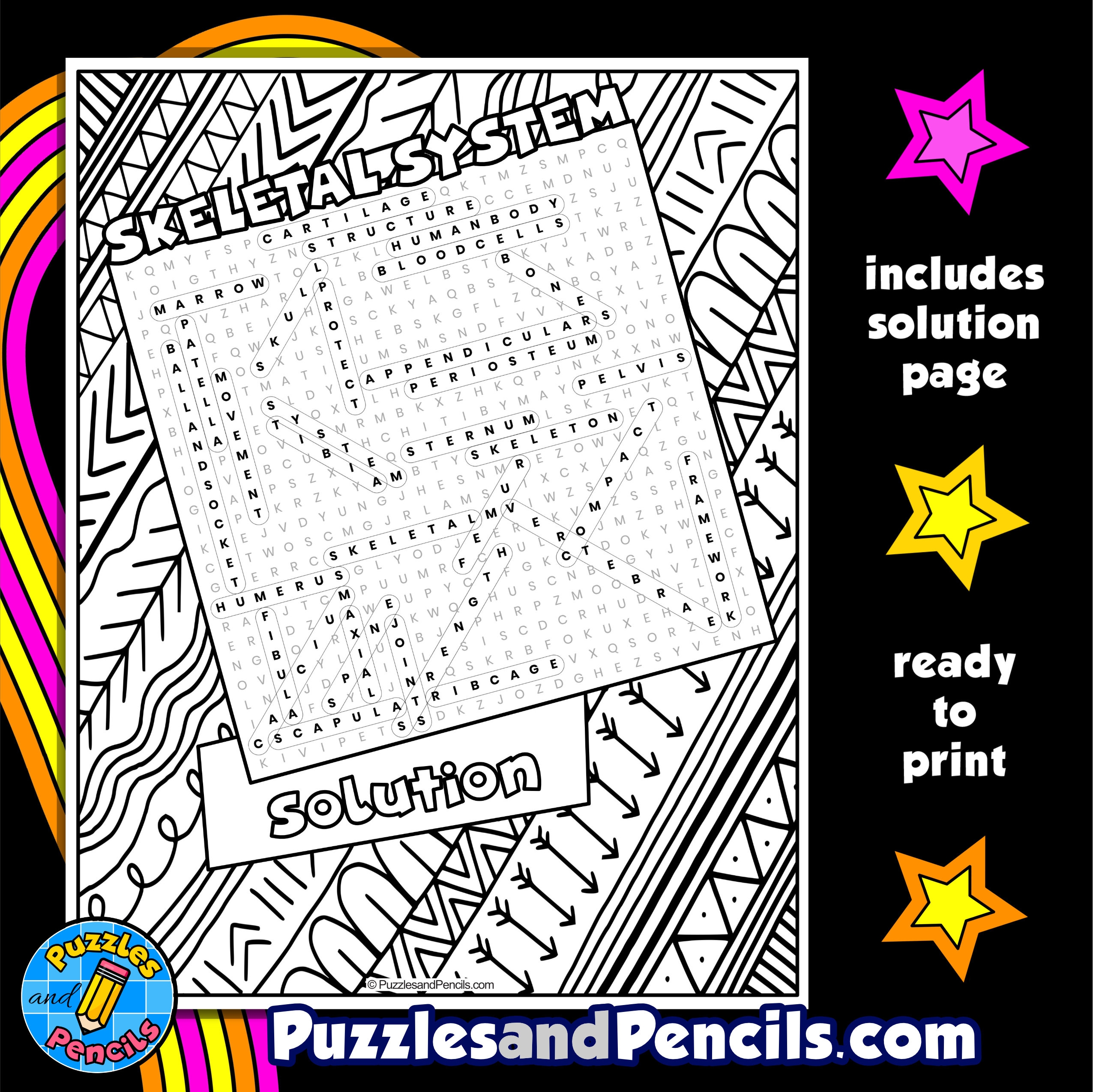 Skeletal System Word Search Puzzle With Coloring Human Body Skeletal System Word Search Puzzle With Coloring Human Body