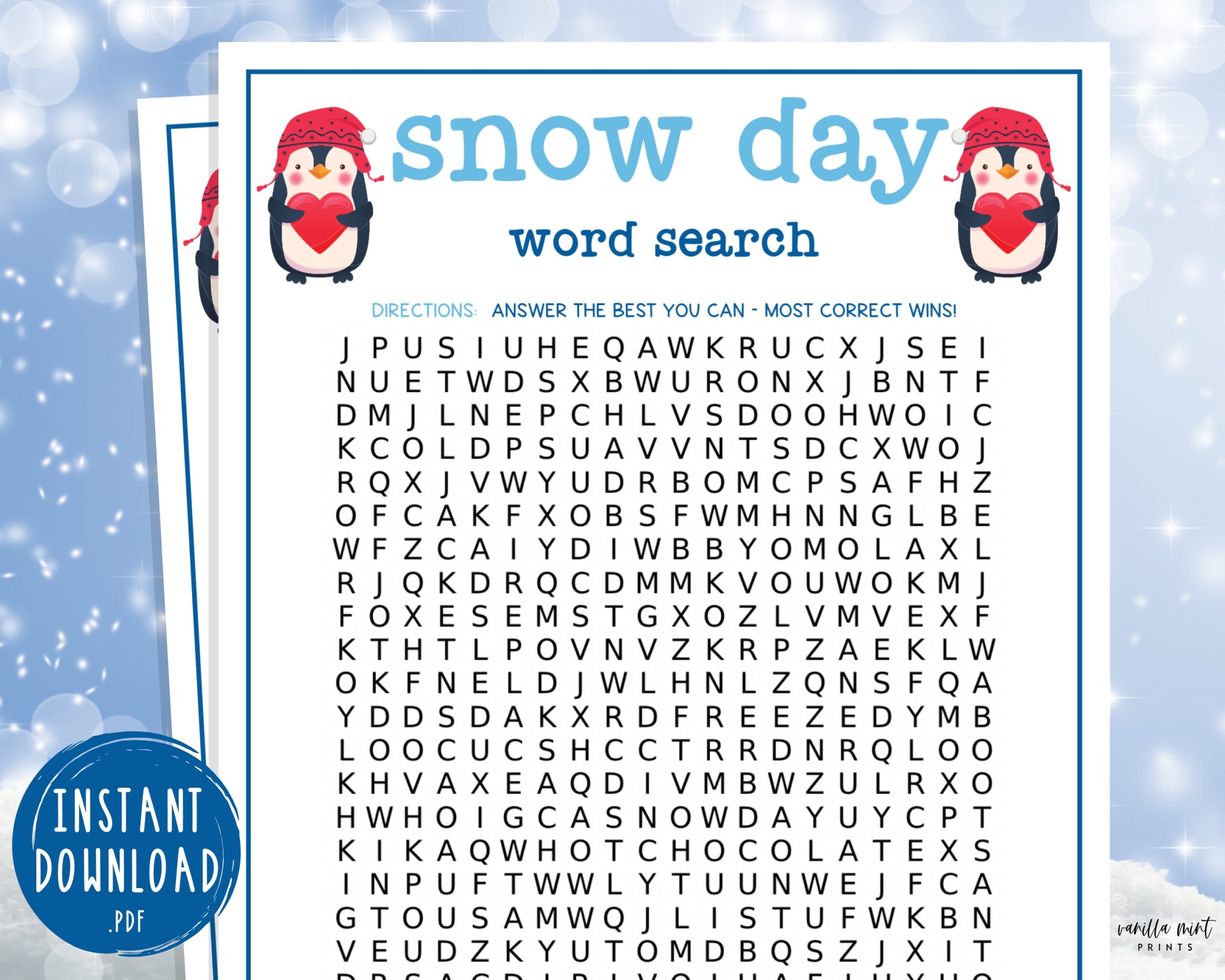 Snow Day Word Search Game Fun Printable Winter Games Wintertime Activities For Kids Christmas Cold Weather Activity No School Etsy