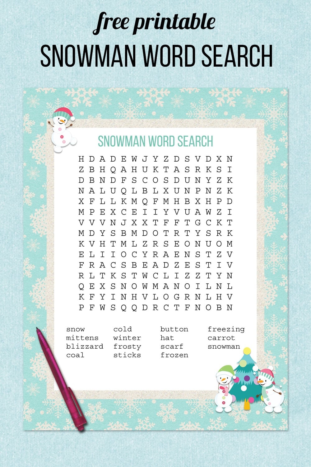 Snowman Word Search Free Printable Snowman Word Search Free Printable