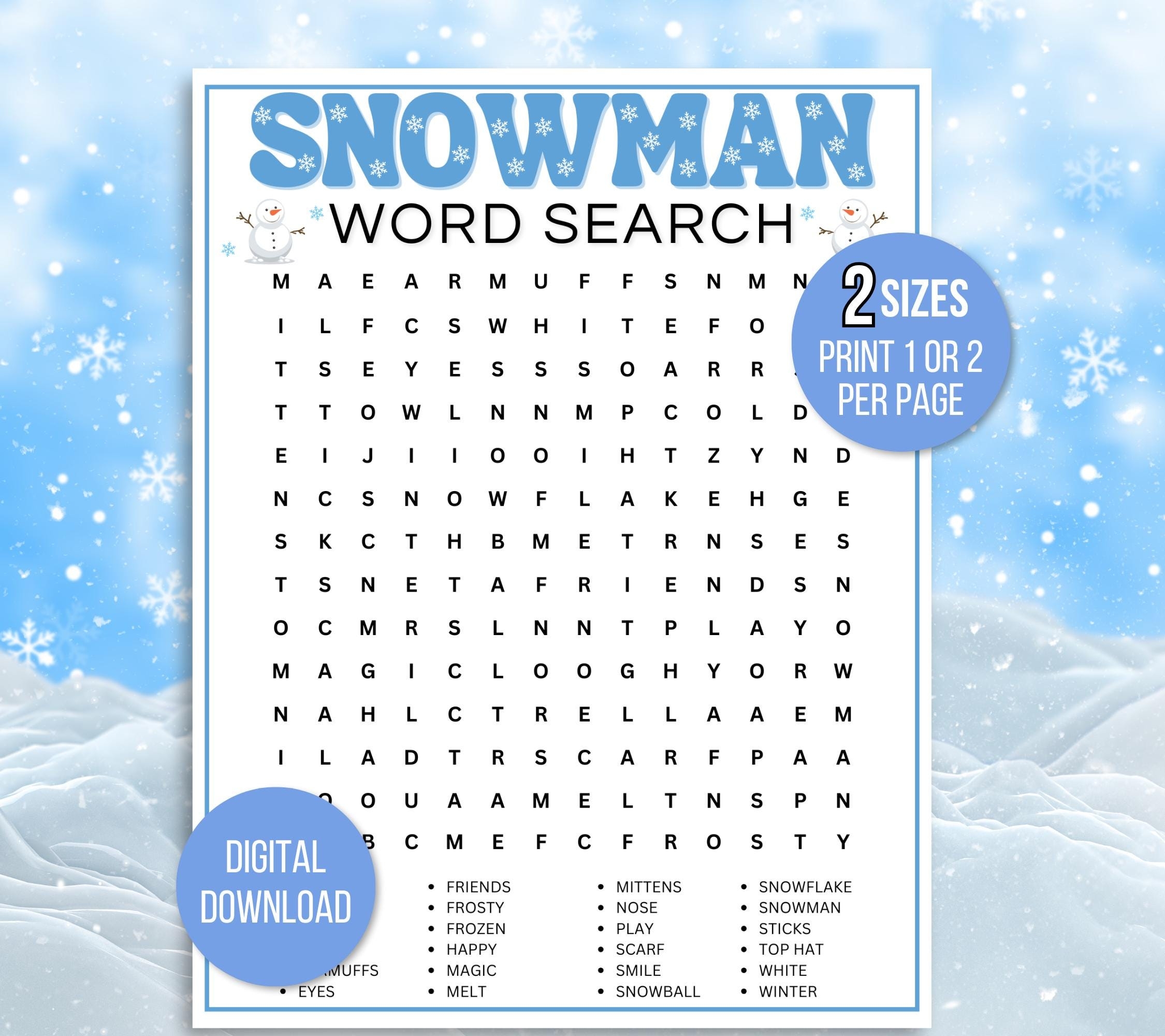 Snowman Word Search Printable Snowman Word Search Printable