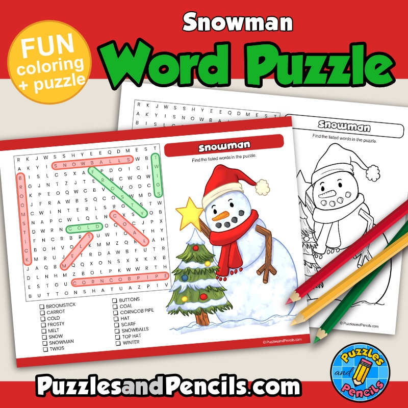 Snowman Word Search Puzzle Activity Page With Coloring Christmas 