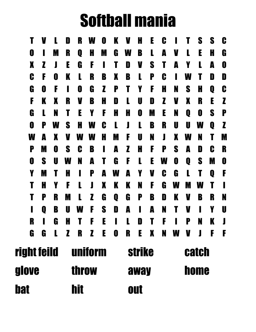 Softball Word Search Printable Softball Word Search Printable
