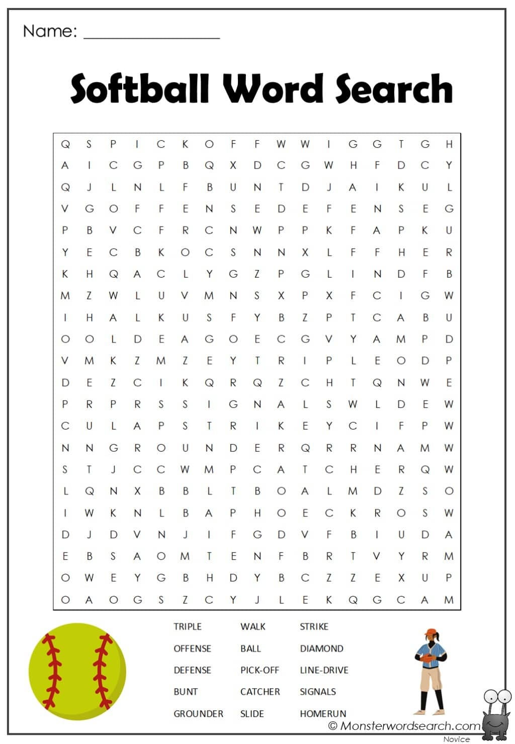 Softball Word Search Monster Word Search Softball Word Search Monster Word Search