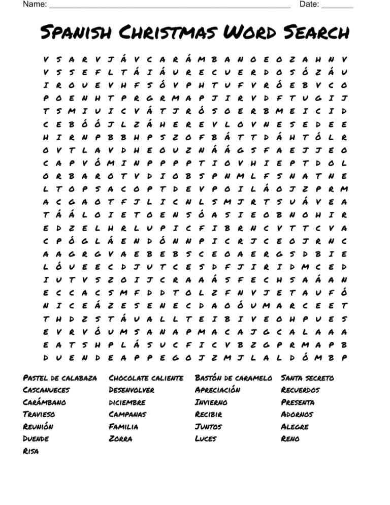Spanish Christmas Word Search WordMint