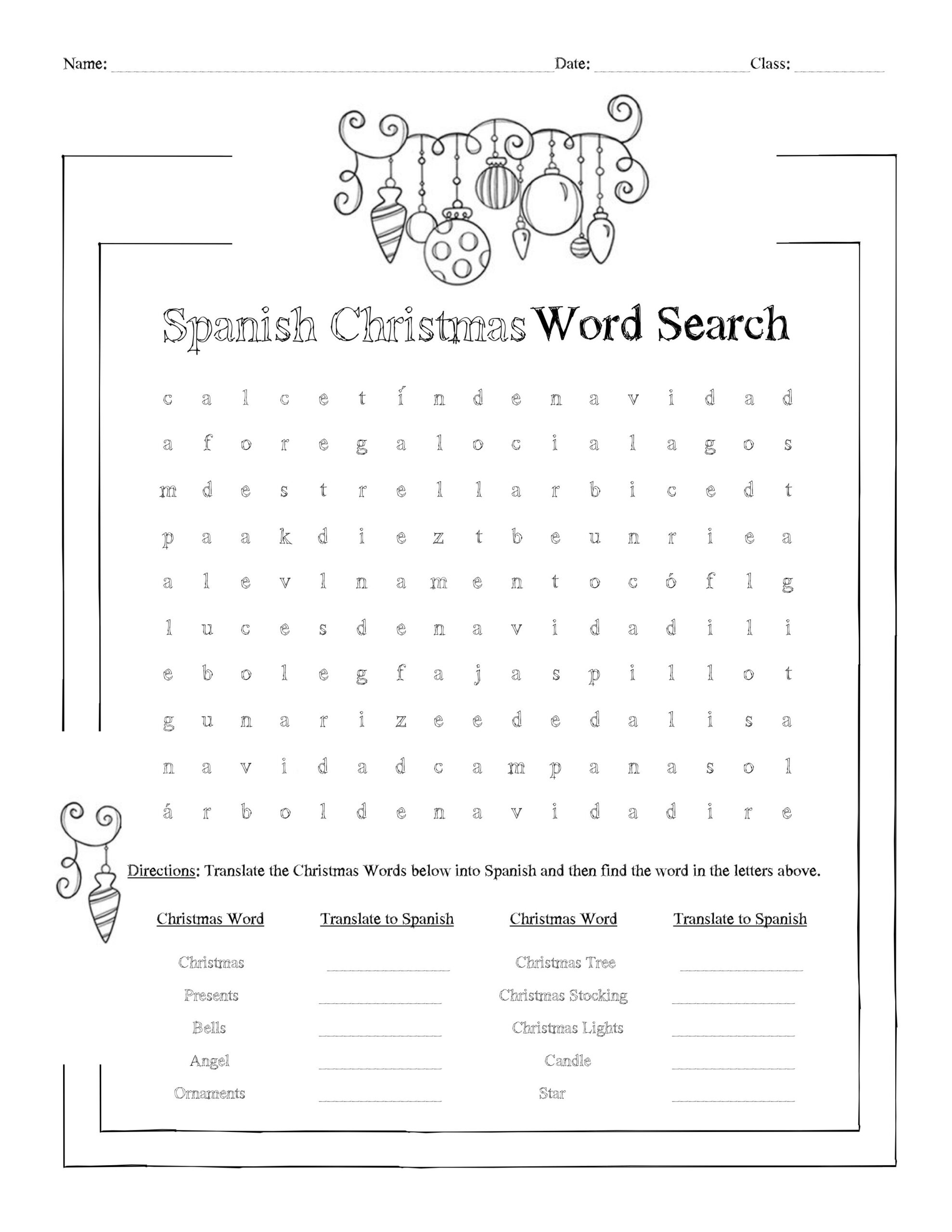 Spanish Christmas Word Search Worksheet