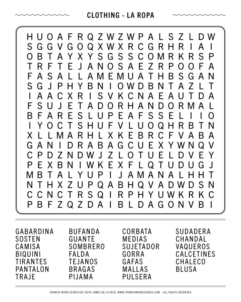 Word Search Clothes Printable