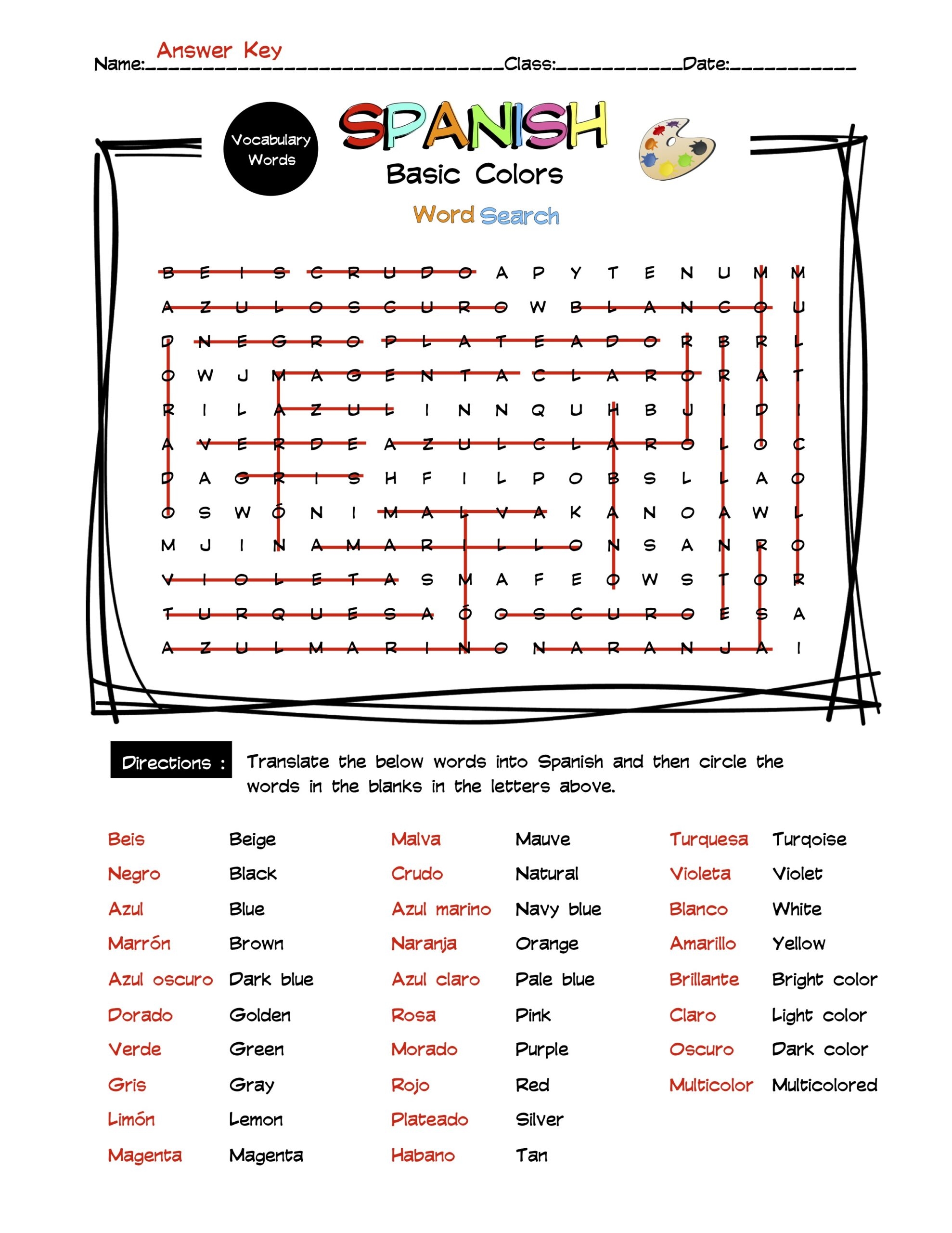 Spanish Colors Vocabulary Word Search U0026 Answer Key Made By Teachers Spanish Colors Vocabulary Word Search U0026 Answer Key Made By Teachers